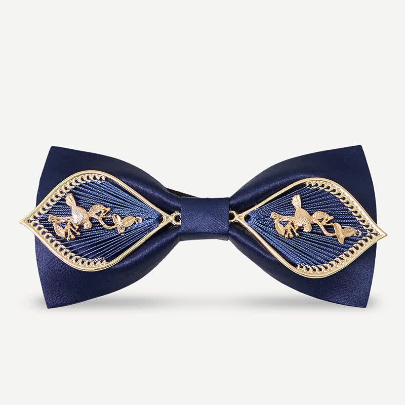 Nœud papillon en métal doré bleu marine pour homme avec branches de phénix
