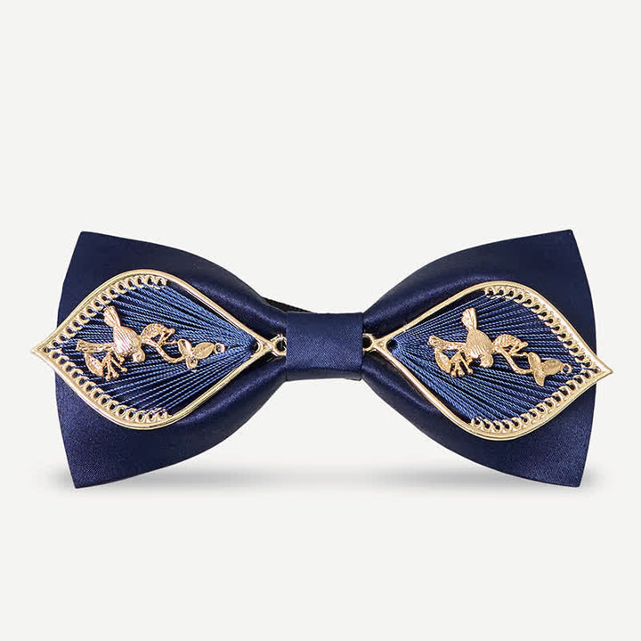 Nœud papillon en métal doré bleu marine pour homme avec branches de phénix