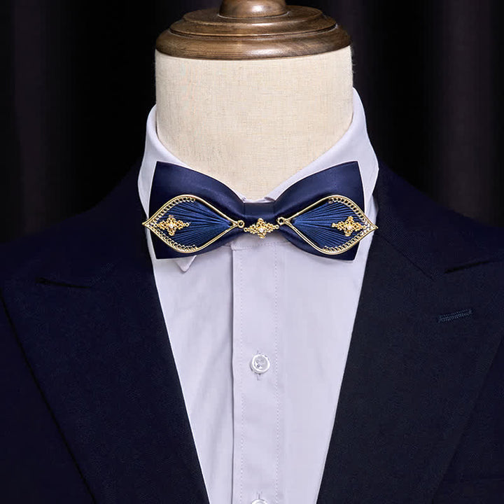Nœud papillon en métal doré bleu marine pour homme avec branches de phénix