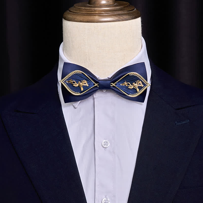 Nœud papillon en métal doré bleu marine pour homme avec branches de phénix