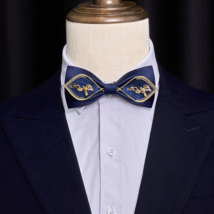 Nœud papillon en métal doré bleu marine pour homme avec branches de phénix