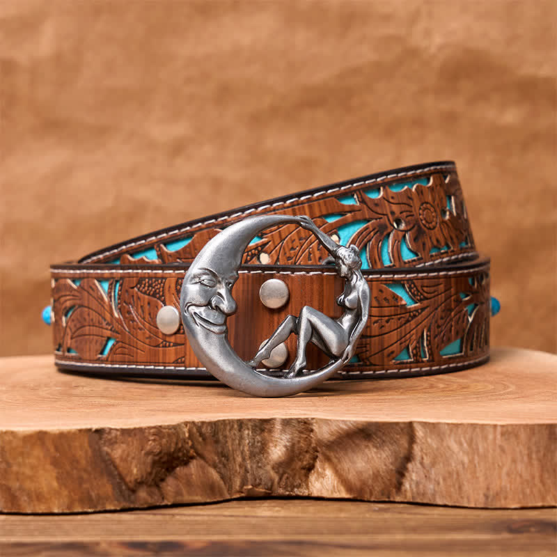 Ceinture en cuir à boucle fantaisie Moon Lady pour homme