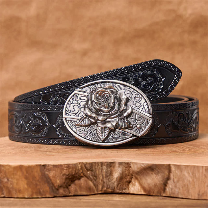 Ceinture en cuir pour homme avec couteau pliant caché Western Rose - Rose de l'Ouest - Ceinture noire sculptée - 42 - image 8