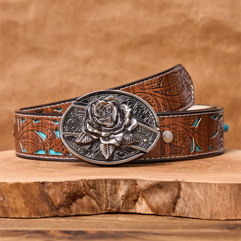 Ceinture en cuir pour homme avec couteau pliant caché Western Rose - Rose de l'Ouest - Ceinture turquoise sculptée - 42 - image 5