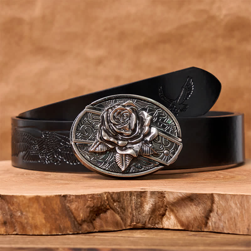 Ceinture en cuir pour homme avec couteau pliant caché Western Rose - Rose de l'Ouest - Ceinture noire à motif aigle en relief - 42 - image 6
