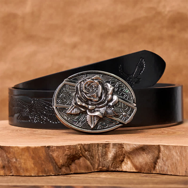 Ceinture en cuir pour homme avec couteau pliant caché Western Rose - Rose de l'Ouest - Ceinture noire à motif aigle en relief - 42 - image 6