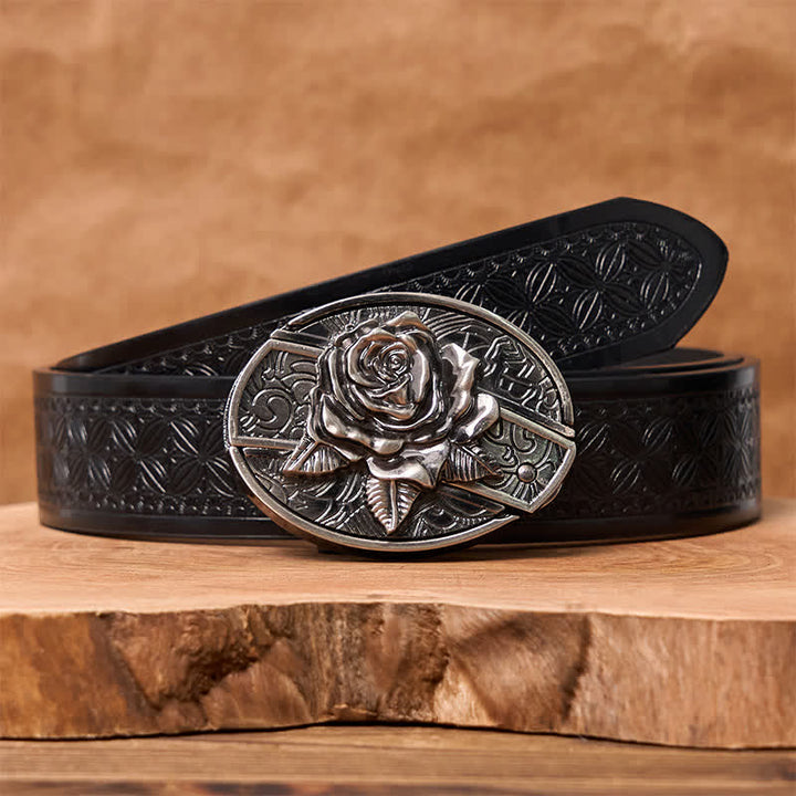 Ceinture en cuir pour homme avec couteau pliant caché Western Rose - Rose de l'Ouest - Ceinture noire à tissage gaufré - 42 - image 7