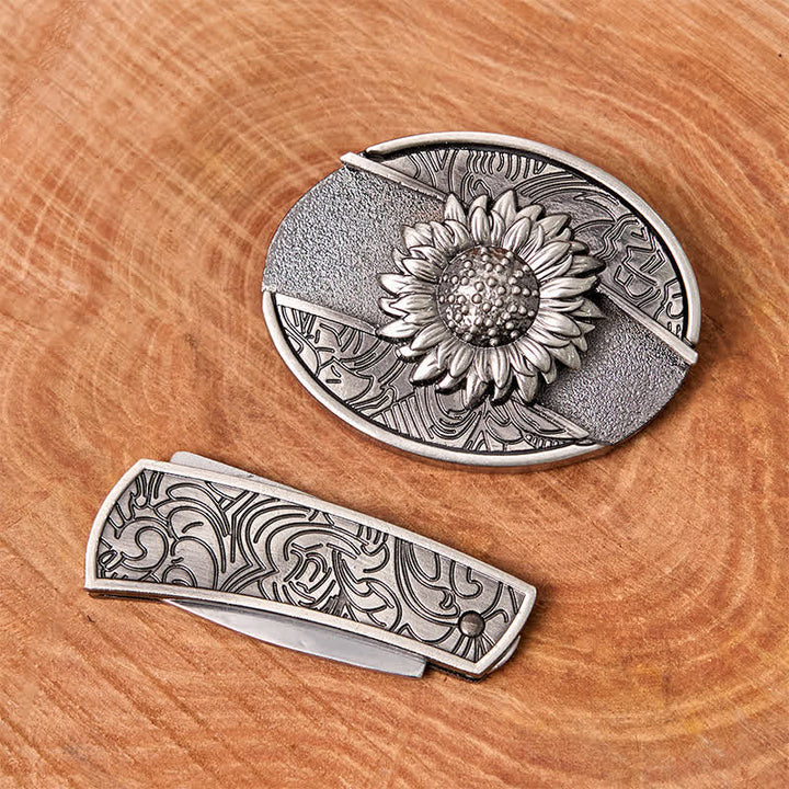 Ceinture en cuir pour homme avec couteau pliant caché tournesol - image 2