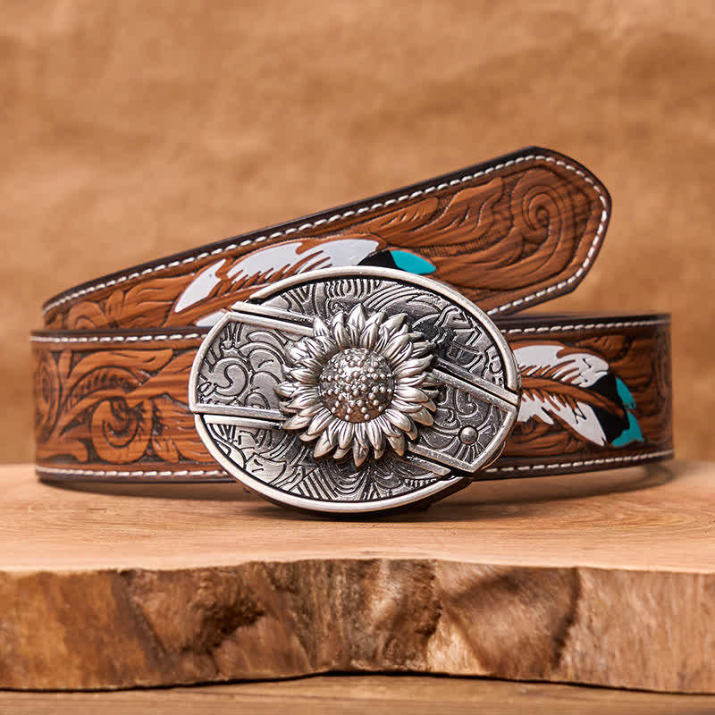 Ceinture en cuir pour homme avec couteau pliant caché tournesol - Tournesol - Ceinture à plumes marron - 40 - image 10