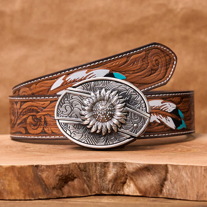 Ceinture en cuir pour homme avec couteau pliant caché tournesol - Tournesol - Ceinture à plumes marron - 40 - image 10