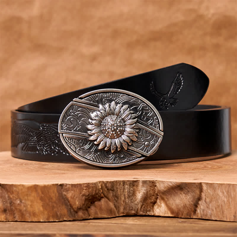Ceinture en cuir pour homme avec couteau pliant caché tournesol - Tournesol - Ceinture noire avec aigle en relief - 42 - image 9