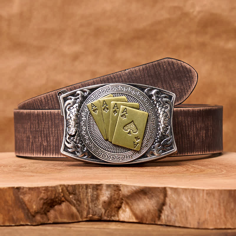 Ceinture en cuir pour homme avec couteau pliant caché et poker doré - Poker d'or - Ceinture marron vieillie - 42 - image 10