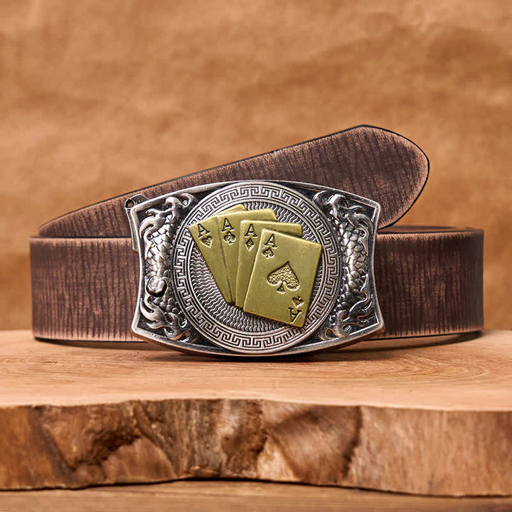 Ceinture en cuir pour homme avec couteau pliant caché et poker doré - Poker d'or - Ceinture marron vieillie - 42 - image 10