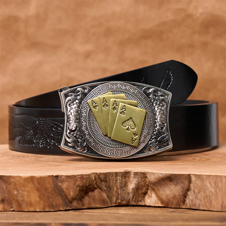 Ceinture en cuir pour homme avec couteau pliant caché et poker doré - Poker d'or - Ceinture noire avec aigle en relief - 42 - image 8