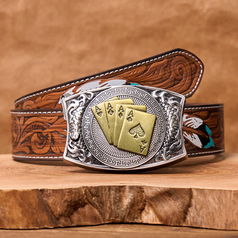 Ceinture en cuir pour homme avec couteau pliant caché et poker doré - Poker d'or - Ceinture à plumes marron - 40 - image 11