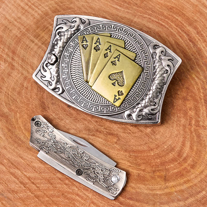 Ceinture en cuir pour homme avec couteau pliant caché et poker doré - image 3