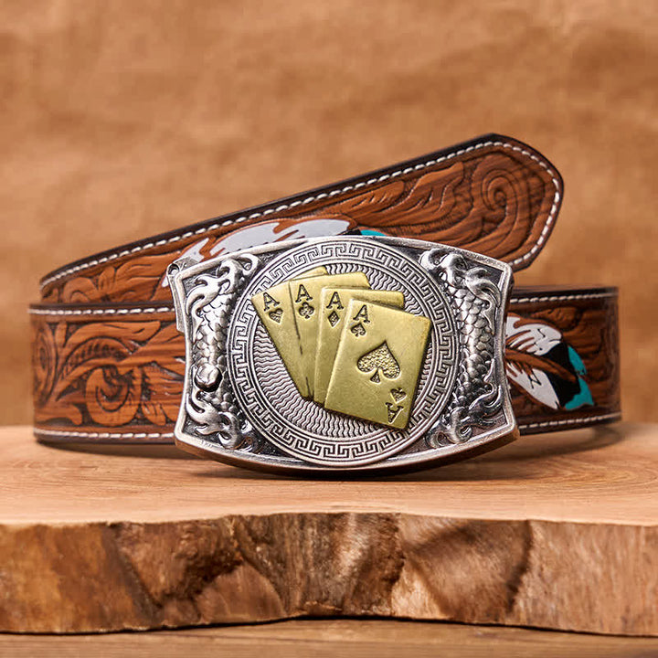 Ceinture en cuir pour homme avec couteau pliant caché et poker doré - Poker d'or - Ceinture à plumes marron - 40 - image 12