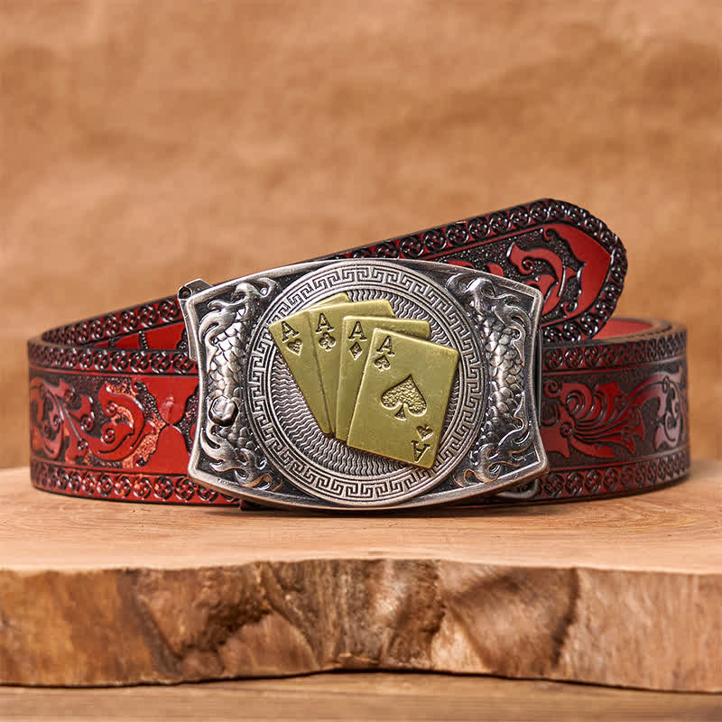 Ceinture en cuir pour homme avec couteau pliant caché et poker doré - Poker d'or - Ceinture marron sculptée - 42 - image 9