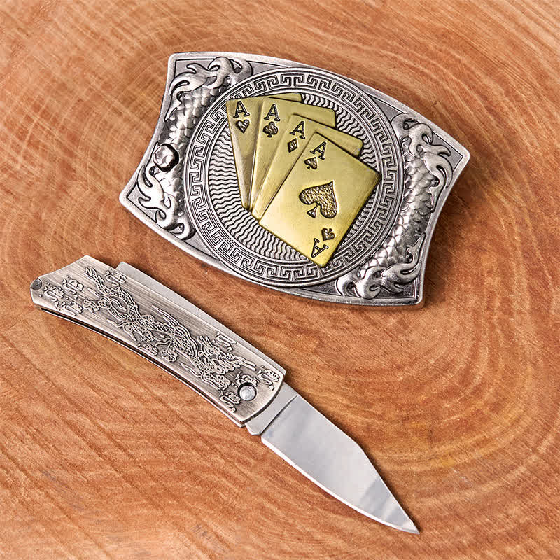 Ceinture en cuir pour homme avec couteau pliant caché et poker doré - image 1