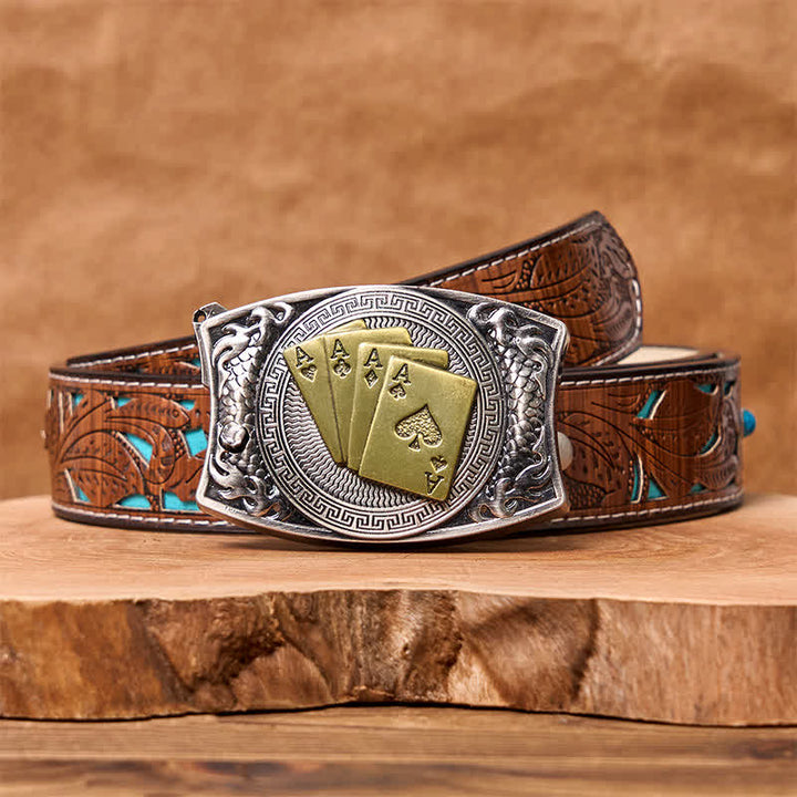 Ceinture en cuir pour homme avec couteau pliant caché et poker doré - Poker d'or - Ceinture sculptée en turquoise - 42 - image 8