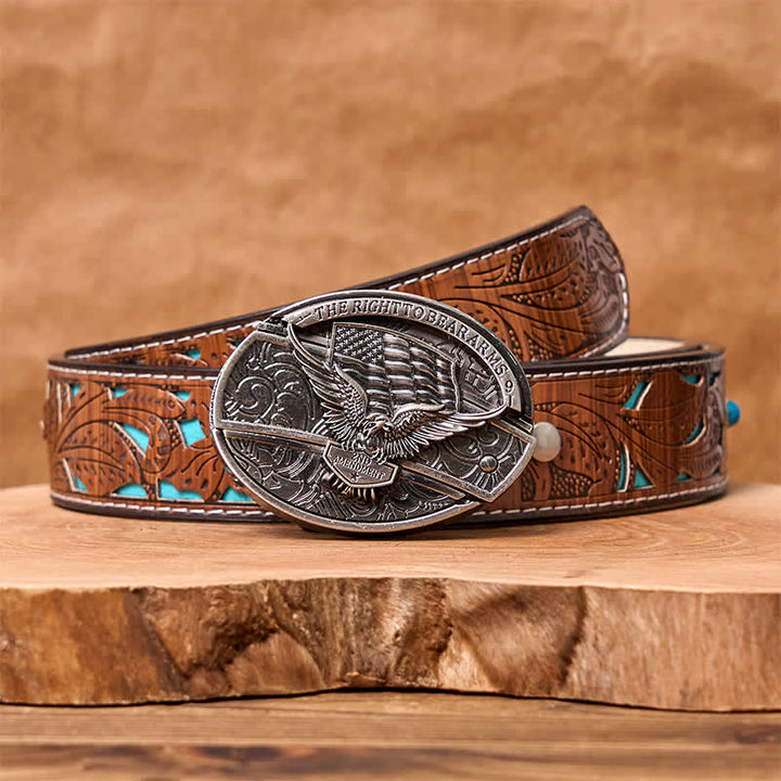 Ceinture en cuir pour homme avec couteau pliant caché et drapeau américain - Aigle - Ceinture sculptée en turquoise - 42 - image 8