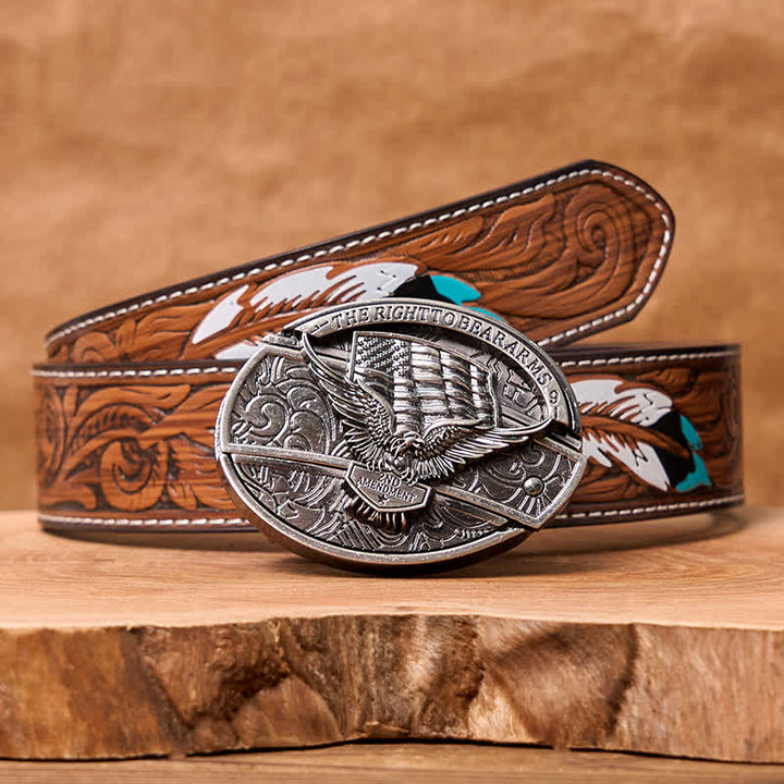 Ceinture en cuir pour homme avec couteau pliant caché et drapeau américain - Aigle - Ceinture à plumes marron - 40 - image 12