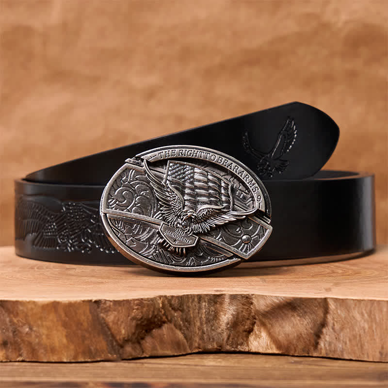 Ceinture en cuir pour homme avec couteau pliant caché et drapeau américain - Aigle - Ceinture noire avec aigle en relief - 42 - image 9