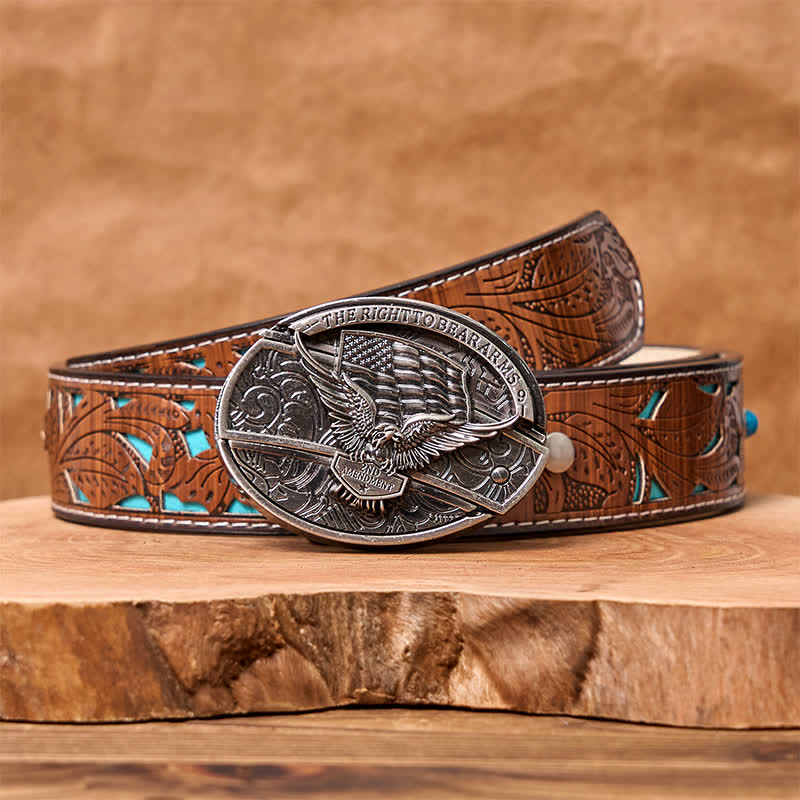 Ceinture en cuir pour homme avec couteau pliant caché et drapeau américain - Aigle - Ceinture sculptée en turquoise - 42 - image 9
