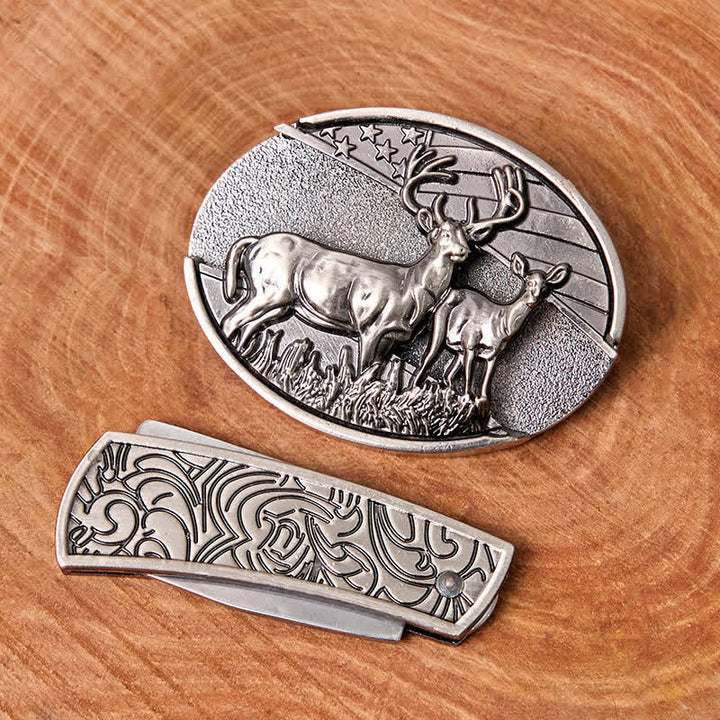 Ceinture en cuir pour homme avec couteau pliant caché et drapeau cerf