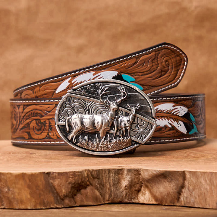 Ceinture en cuir pour homme avec couteau pliant caché et drapeau cerf