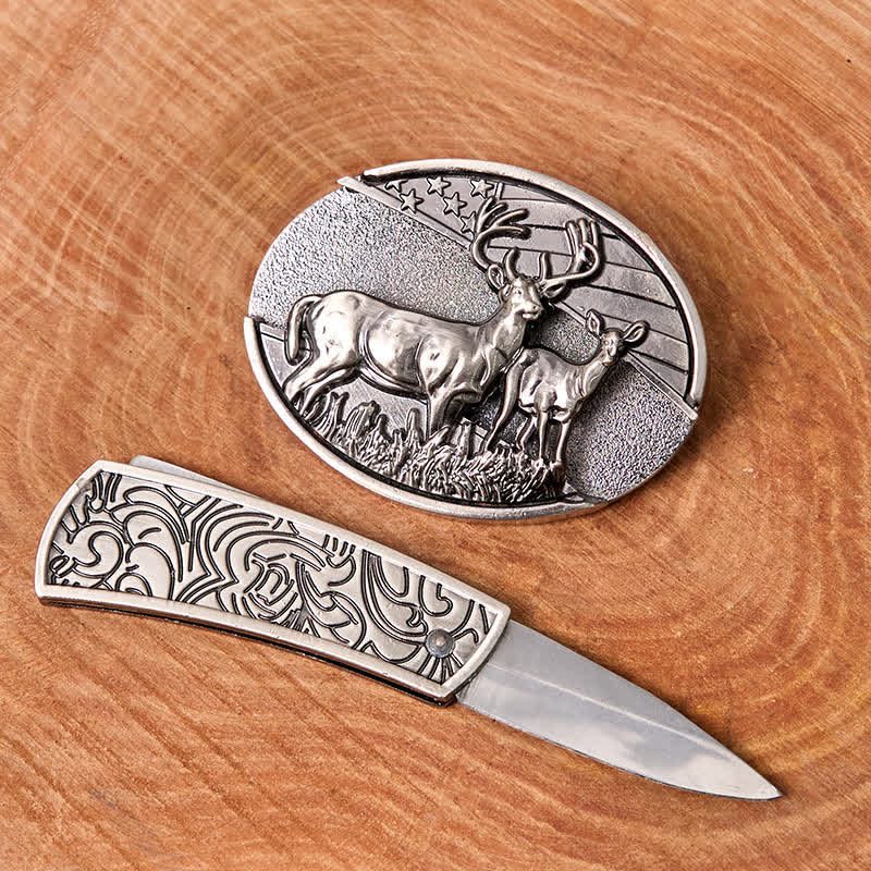 Ceinture en cuir pour homme avec couteau pliant caché et drapeau cerf