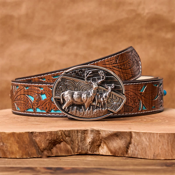 Ceinture en cuir pour homme avec couteau pliant caché et drapeau de cerf - Cerf - Ceinture sculptée en turquoise - 42 - image 8