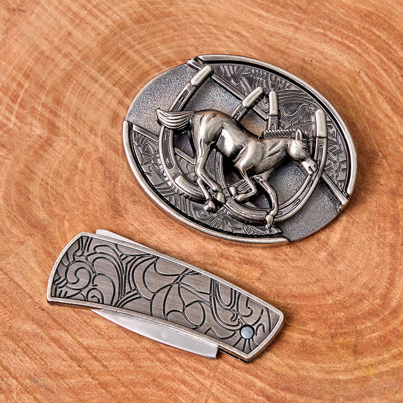 Ceinture en cuir pour homme avec couteau pliant caché et cheval galopant - image 3