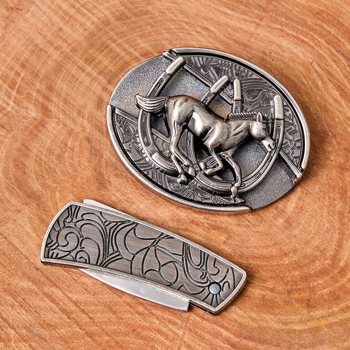 Ceinture en cuir pour homme avec couteau pliant caché et cheval galopant - image 3