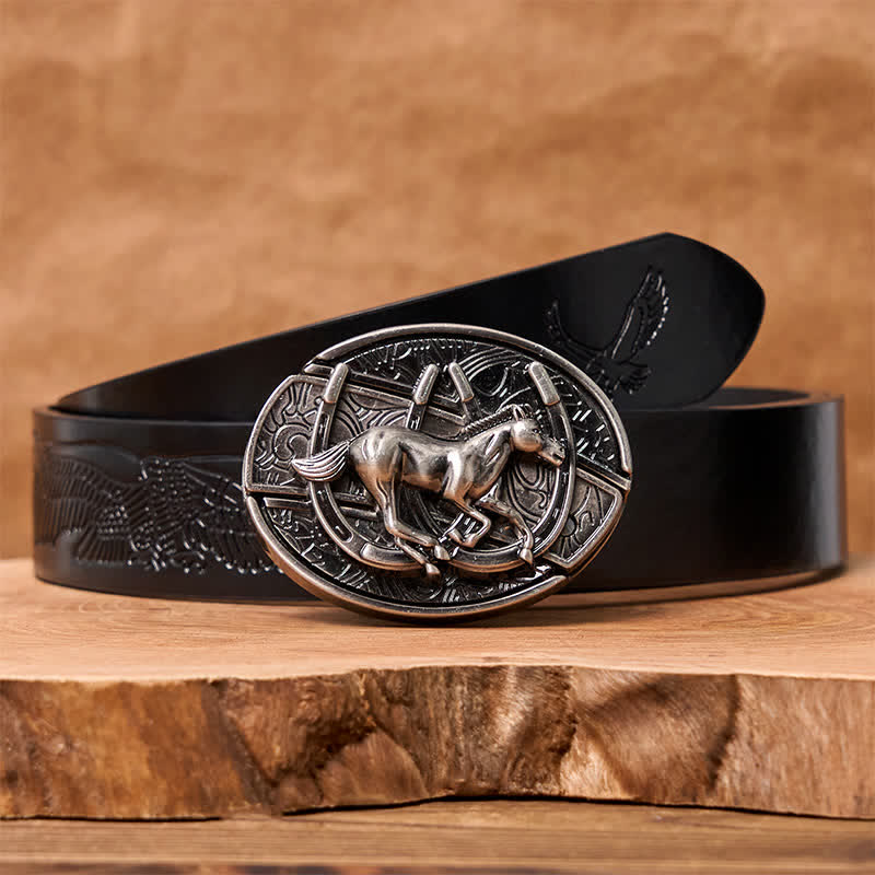 Ceinture en cuir pour homme avec couteau pliant caché et cheval galopant - Cheval au galop - Ceinture noire avec aigle en relief - 42 - image 9