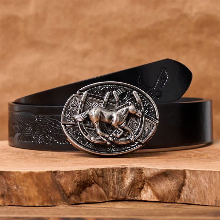 Ceinture en cuir pour homme avec couteau pliant caché et cheval galopant - Cheval au galop - Ceinture noire avec aigle en relief - 42 - image 9