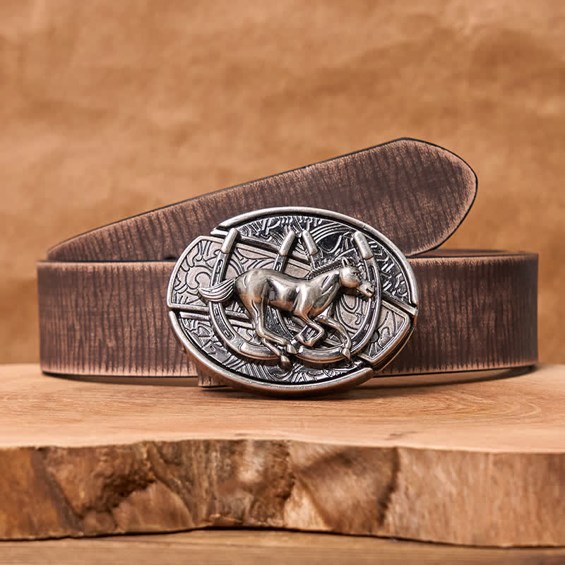 Ceinture en cuir pour homme avec couteau pliant caché et cheval galopant - Cheval au galop - Ceinture marron vieillie - 42 - image 11