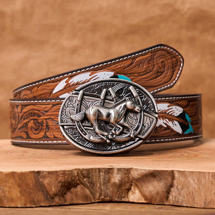 Ceinture en cuir pour homme avec couteau pliant caché et cheval galopant - Cheval au galop - Ceinture à plumes marron - 40 - image 11