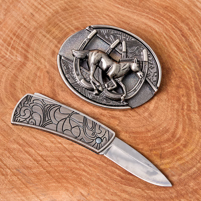Ceinture en cuir pour homme avec couteau pliant caché et cheval galopant - image 2