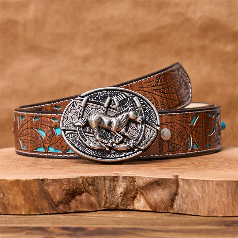 Ceinture en cuir pour homme avec couteau pliant caché et cheval galopant - Cheval au galop - Ceinture sculptée en turquoise - 42 - image 8