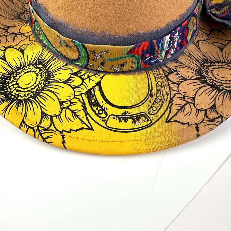 Chapeau de cowboy western décoré de plumes de tournesol peintes à la bombe - image 1