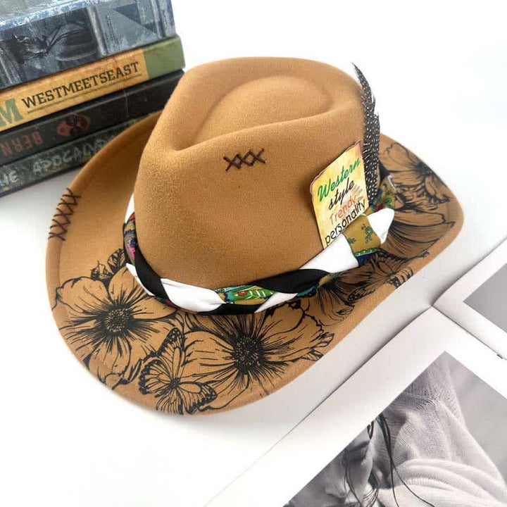 Chapeau de cowboy à sangle ethnique avec plumes de tournesol occidentales