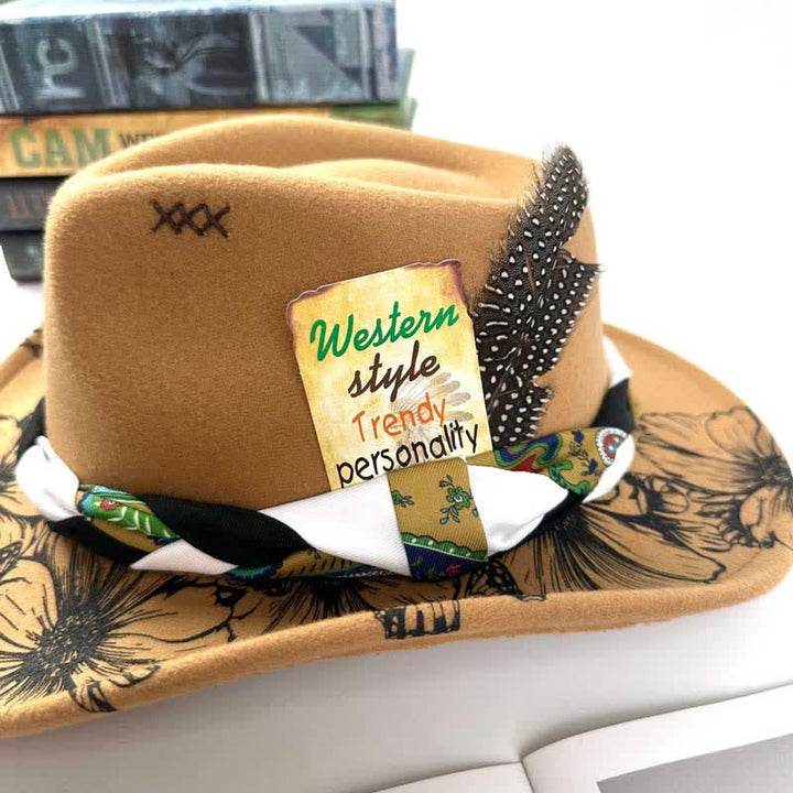 Chapeau de cowboy à sangle ethnique avec plumes de tournesol occidentales