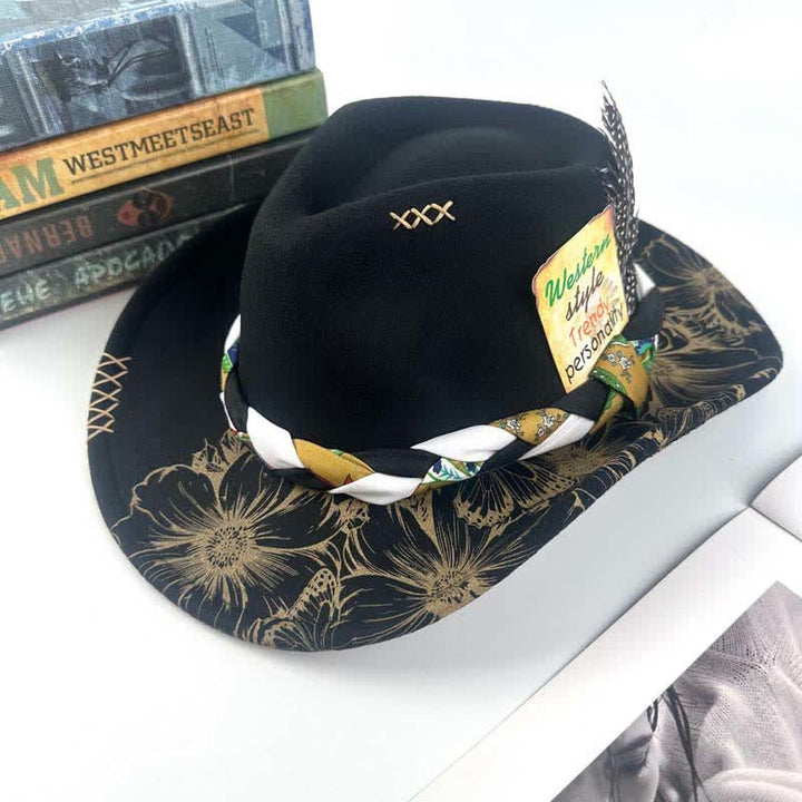 Chapeau de cowboy à sangle ethnique avec plumes de tournesol occidentales