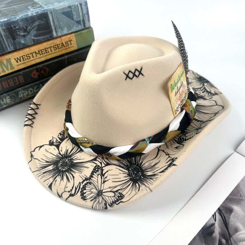 Chapeau de cowboy à sangle ethnique avec plumes de tournesol occidentales