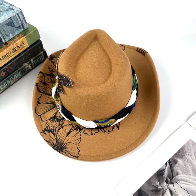 Chapeau de cowboy à sangle ethnique avec plumes de tournesol occidentales
