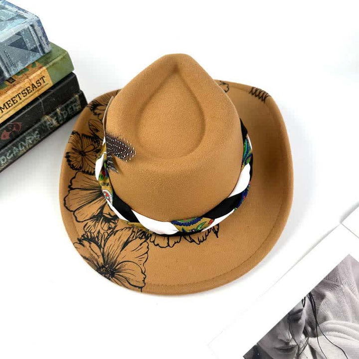 Chapeau de cowboy à sangle ethnique avec plumes de tournesol occidentales