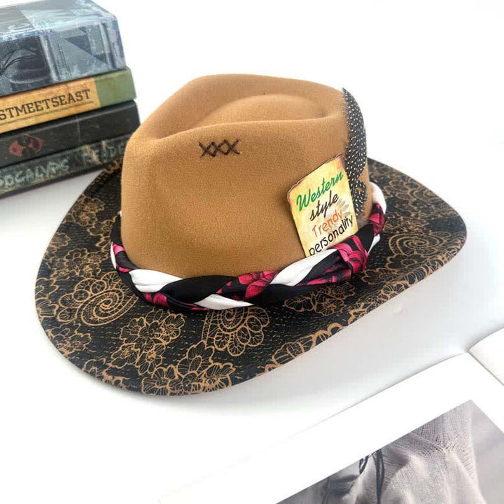 Chapeau de cowboy ethnique à deux tons avec plumes de marguerite - Kaki - M (22"-22 7/8") - image 0