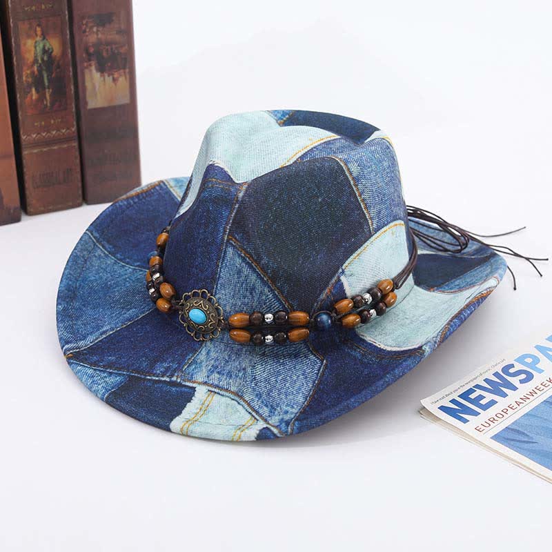 Chapeau de cowboy en denim à motif color-block et perles en bois