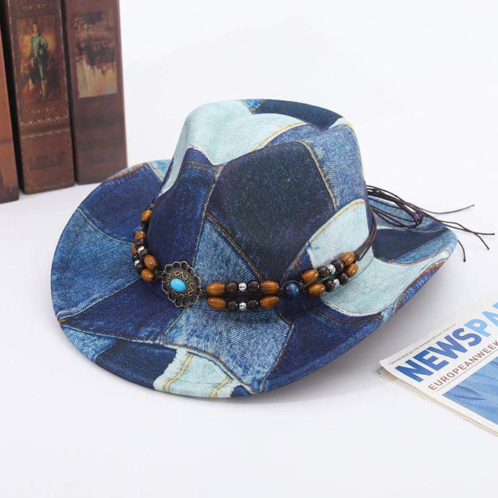 Chapeau de cowboy en denim à motif color-block et perles en bois